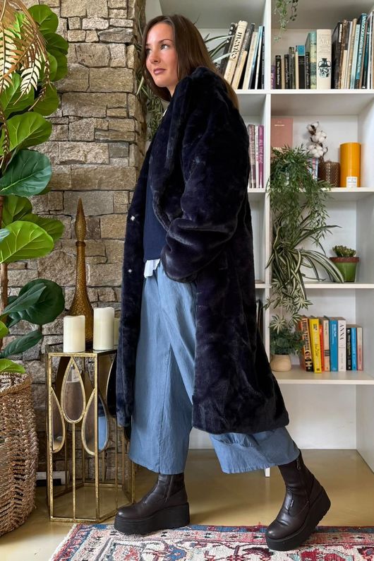 Mara Luxury Faux Fur Long Coat Navy
